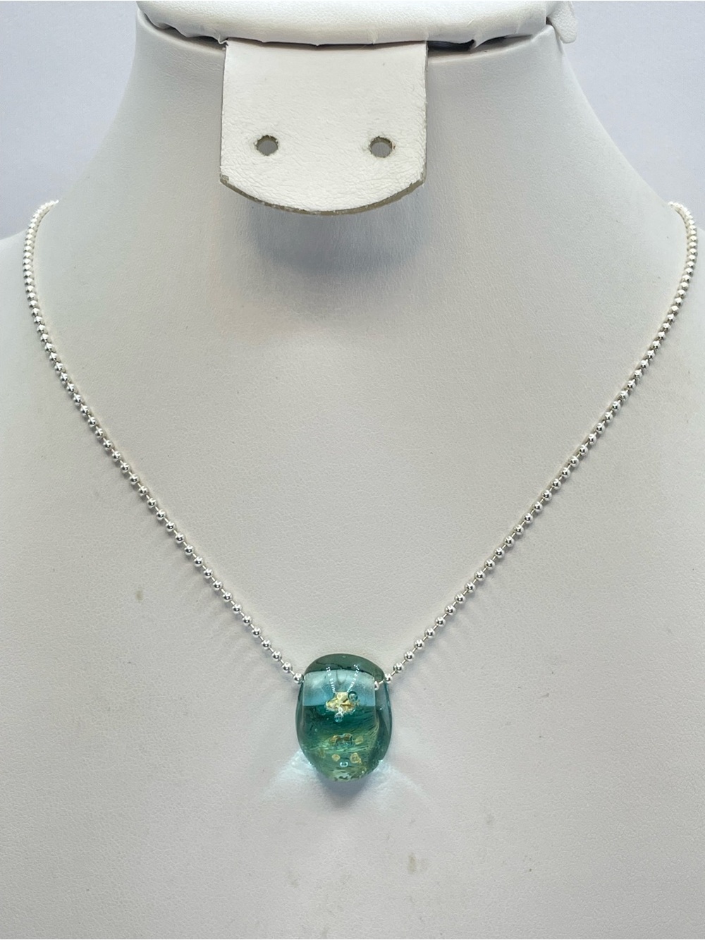 925 Sterling Silver Blue Blown Glass Pendant Ball Chain Necklace Boho Statement